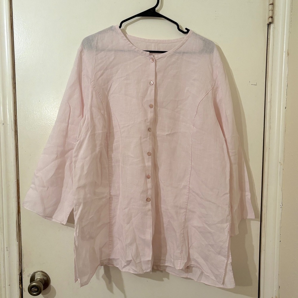 Eileen Fisher Pale Pink 100% Irish Linen Button Front Tunic Top Poplin Blouse